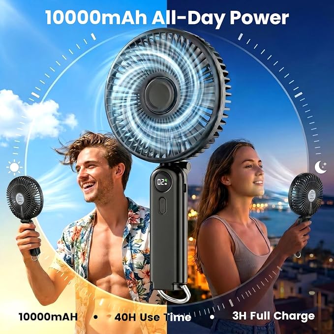 Portable Handheld Fan, 10000mAh Rechargeable 6-Inch Personal Fan for Travel | Ultra Quiet Foldable Desk Fan, 5-Speed Battery Operated Fan with Up to 40H Runtime and Digital Display for Travel and Makeup - Image 4