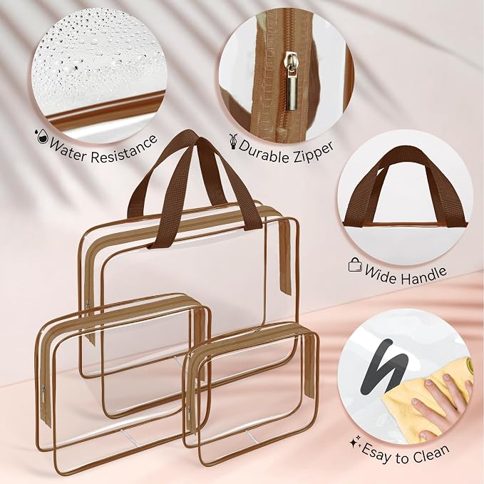 TISRATOK 10 PCS Clear Travel Bags for Toiletries,Clear Makeup Bags（Coffee） | 3 Size plastic clear bags with zipper handbag, TSA approved cosmetic pouch for travel, swimsuit,toy storage bags - Image 6