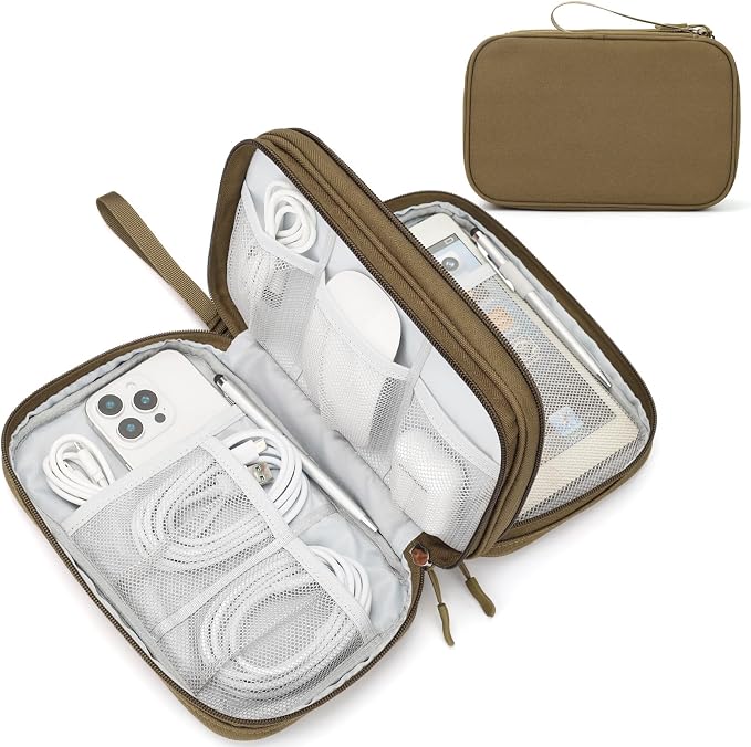FYY Electronic Organizer, Travel Tech Pouch Bag, Large, Brown | Wrist Strap, Waterproof, Double Layers Portable Electronics Travel Carrying Case for Cord, Charger, Daily Business Trips Use by FYY