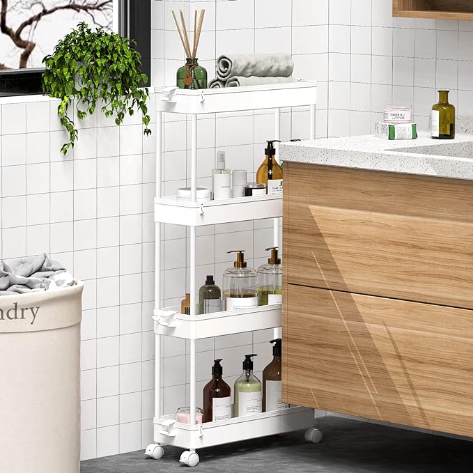 SPACEKEEPER Slim Rolling Storage Cart, 4 Tier Bathroom Cart Organizer,White | Narrow Rolling Cart with Wheels for Kitchen Office Bathroom Laundry Room,Mobile Utility Cart for Craft Art Makeup Nail Polish - Image 3