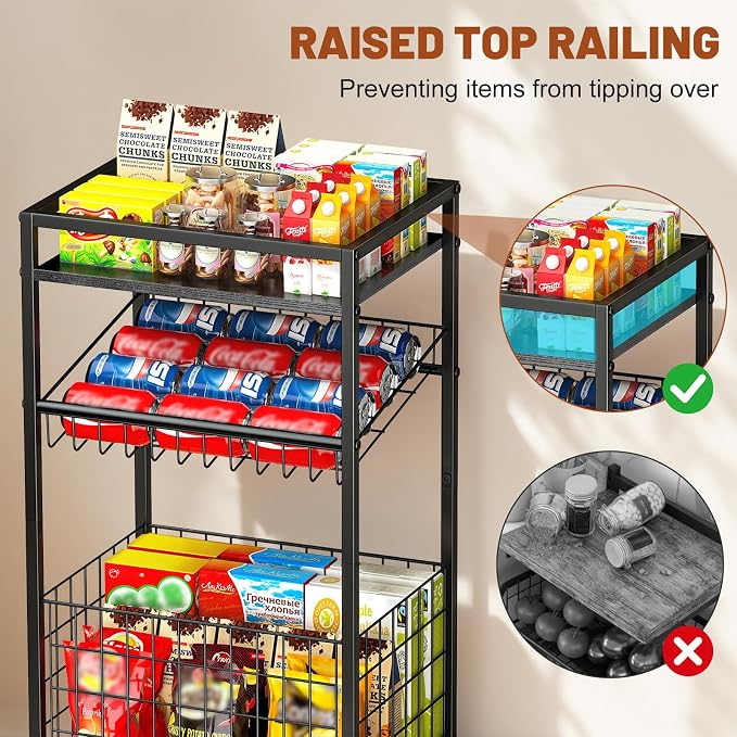 Fruit Vegetable Cart, 3-Tier Snack Cart on Wheels & Wood Top, Black | Vegetable Rack For Kitchen, Kitchen Cart Organizer for Fruit, Vegetables, Potato, Snack - Image 4