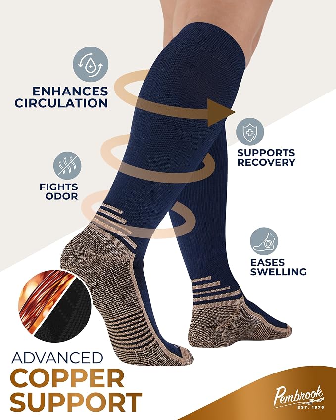 Pembrook 3 Pairs Copper Mens Compression Socks 20-30 mmHg, Running, Hiking, Athletic Cycling, Travel | Circulation Support - Image 2