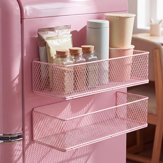 FoldTier 2 Pack Pink Magnetic Basket Dorm Mini Fridge Shelf Organizer Kitchen Storage Bin Container Spice Holder for Locker Refrigerator Pantry Dorm Essentials (13.8 x 3.1 x 4.9 Inch) by FoldTier