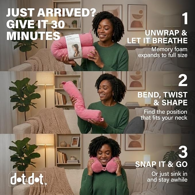 Dot&Dot Twist Memory Foam Travel Pillow, Bendable Neck Pillow for Airplane, Car and Home, 26-Inch Adjustable Roll with Washable Cotton Cover, Pink - Image 5