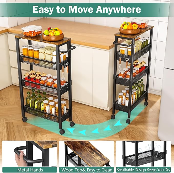 Vivihomety 4-Tier Slim Utility Rolling Laundry Cart with Wheels, Metal | Narrow 7.1" wide, Lockable wheels, wood top panel, metal frame, with handle, for laundry, bathroom, kitchen, black - Image 4