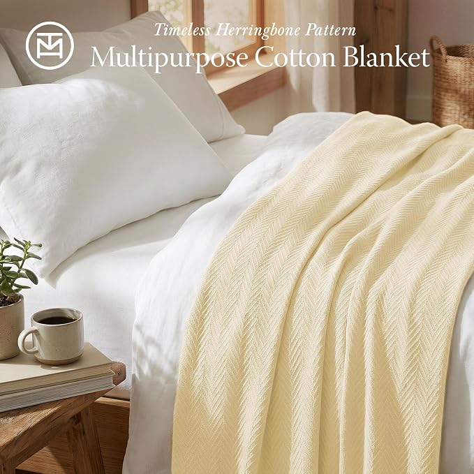 Threadmill Vanilla Cream 100% Combed Cotton King Size Blanket, All-Season Soft Breathable Light Weight Herringbone Throw | 100% Cotton, Herringbone Pattern, 350 GSM, 106x92 in, Breathable, All-Season, Lightweight, OEKO-TEX Certified - Image 2
