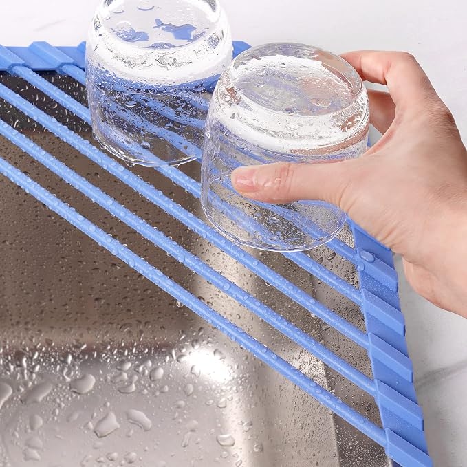 Tomorotec Triangle Roll Up Dish Drying Rack with Silicone Coating, Blue | 304 Stainless Steel with BPA-Free Silicone, Triangle Design Maximizes Sink Corner Space, Fits Compact Kitchens And RVs - Image 8