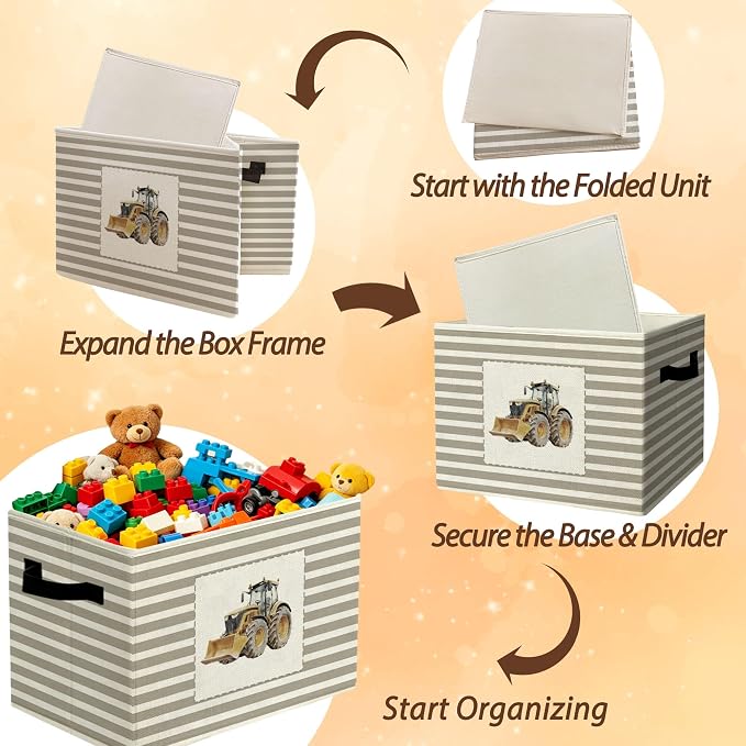 Rustic Construction Tractor Storage Bins Boxes Handles | grey striped nursery foldable basket for organizing bedroom toddler playroom - Image 6