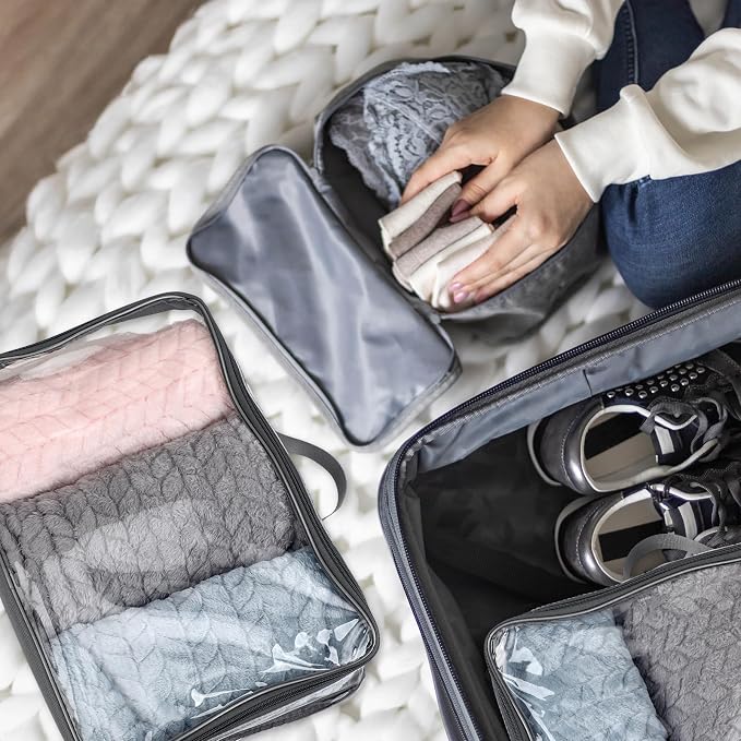 6 Pieces Large Clear Travel Packing Cube Clear Vinyl Zippered Storage Bags See Through Moving Bag PVC Multipurpose Pouch with Handle for Suitcase Shirts Dress Storage (Gray, 15.8 x 10.2 x 3.9 Inch) - Image 6