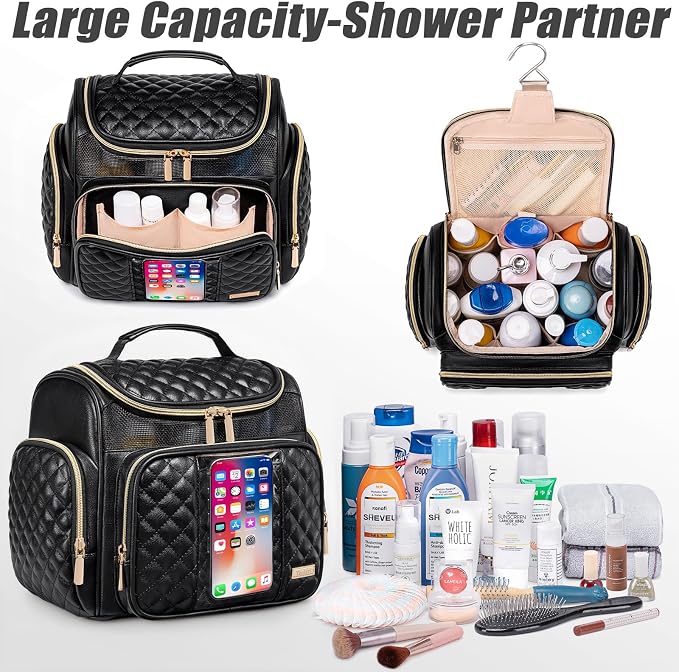 Large Leather Toiletry Bag for Women Men,Bathroom Bag,Water Resistant Shower Bag,Makeup Bag,Portable Shower Caddy for College Dorm,Hanging Travel Toiletry Bag with Transparent Waterproof Phone Pocket - Image 6