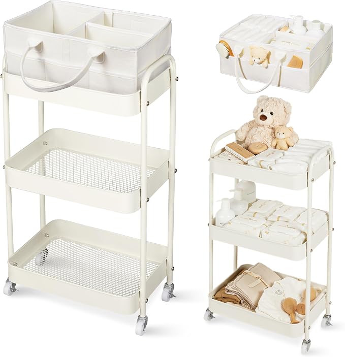 Baby Diaper Caddy, 3 Tier Rolling Cart for Baby Essentials, Beige | Diaper Cart with Detachable Dividers, Nursery Storage & Bottle Organizer, Bedside Caddy for Bedroom and Living Room by Fortella