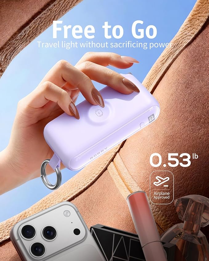 RORRY Flow Portable Charger 10000mAh 40W Wall Plug Power Bank Battery Pack | Built-in USB-C Cable, Keychain Design, Fast Charging, for iPhone 17/16/15, Apple Watch, iPad, 3-in-1, Travel Essential - Image 3