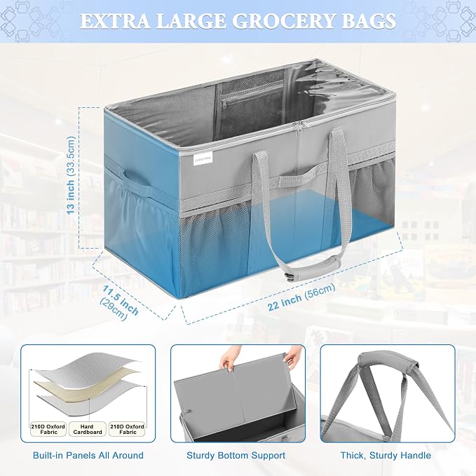 Extra Large Utility Tote Bag, 2 Pack Reusable Grocery Bags Heavy Duty, Sturdy Structured Tote Bag with Pockets & Handles, Foldable Shopping Bags for Groceries, Collapsible Totes with Lids 22x11.5x13in - Image 5