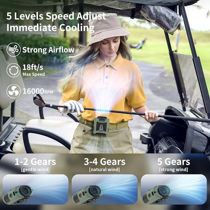 Socool 10000mAh Portable Waist Fan Clip on Wearable Belt Personal Fan Rechargeable Battery operated With 5 Speeds & Flashlight Neck Fan Hands-Free 40H Cooling For Outdoor Camping Travel (Green) - Image 2
