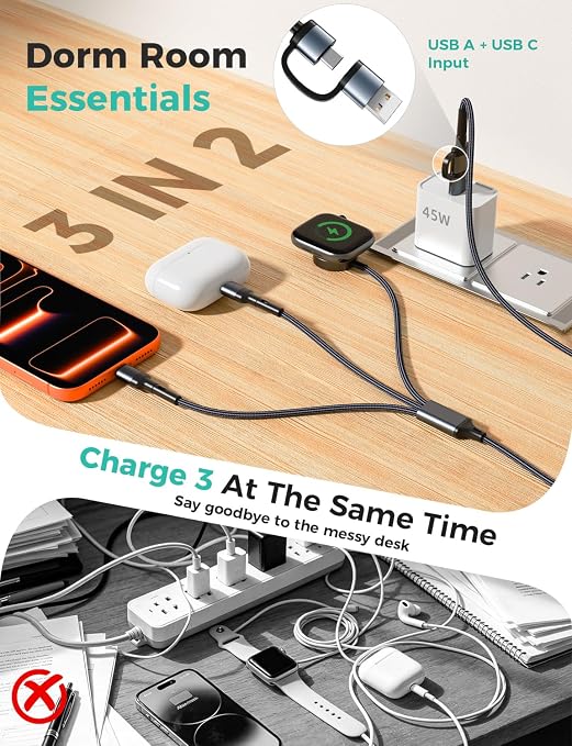 Travel Essentials for Apple Watch Charger,Cruise Vacation Camping Essentials,iPhone Charger,Multi Charging Cable,3 in 2 Charging Docks for iWatch Series 11-2/Ultra,iPhone 17-12,Car-Gunmetal - Image 2