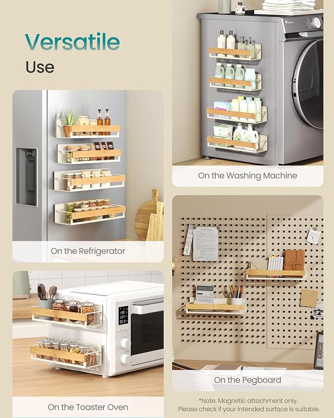 SONGMICS 4-Pack Strong Magnetic Real Bamboo Spice Racks for Fridge | Kitchen Organizer Shelf, 11.8 x 4.1 x 3 / 10.6 x 3.6 x 3 in, Cream White and Light Bamboo, BYSTRO Collection, UKCS062WD01 - Image 5