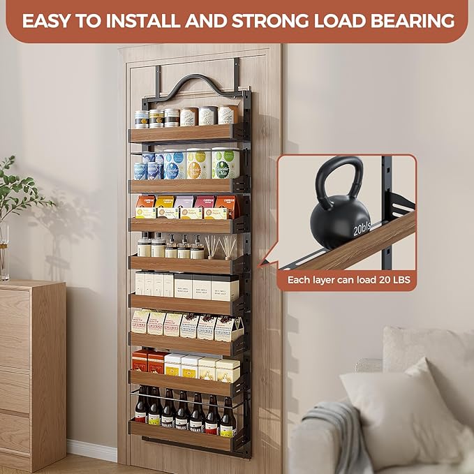 8-Tier Pantry Door Organizer, Over the Door Pantry Organizer with Wooden Adjustable Baskets, 2 IN 1 Spice Rack Wall Mount or Door Organizer, Door Spice Rack for Pantry（72.6×17.1×5.1in,Black) - Image 5
