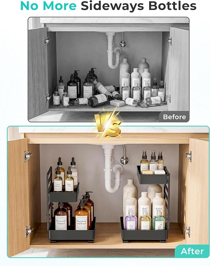 EVERIE Metal Pull Out Slide Shelf Organizer for Under Sink Organization in Kitchen, Bathroom, Counter, Cabinets, Minimum Available Space 13" Wide x 16.5" Deep (Black, 1 Set) - Image 2