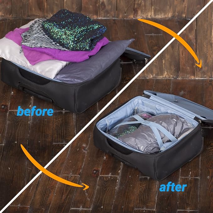 8 Travel Space Saver Bags - No Vacuum or Pump - for Clothes - Reusable - Luggage Compression - Set of 4 L and 4 M Sacks - Transparent - Image 2