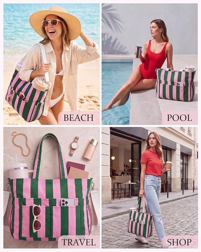 Kacctyen Striped Beach Tote Bag for Women Large Beach Foldable Tote Bag with Zipper Pockets for Travel Pool - Image 2