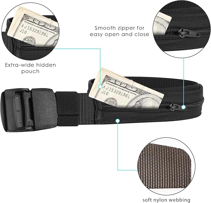 2 Pack Money Belts for Travel, Anti-Theft Hidden Waist Wallet with Zippered Security Pockets, Adjustable Nylon Belt for Men & Women Under Clothes (Black)​ - Image 3