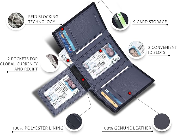 Real Leather Mens Trifold Wallet RFID Blocking Slim Minimalist Front Pocket - Thin & Stylish with ID Window in Gift Box - Image 2