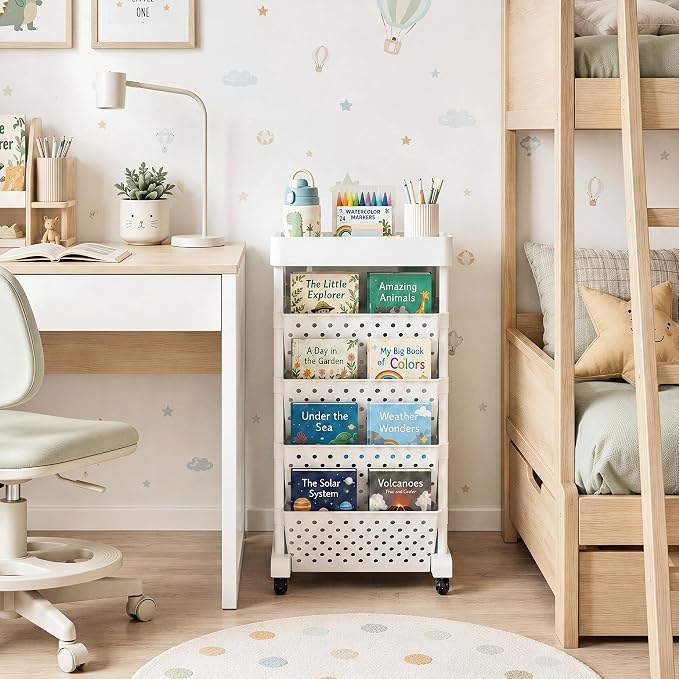 5-Tier Rolling Bookshelf Cart with Wheels, White | Slim Mobile Book Cart, Plastic Magazine Rack Rolling File Paper Organizer for Home Office Study Classroom Living Room - Image 4