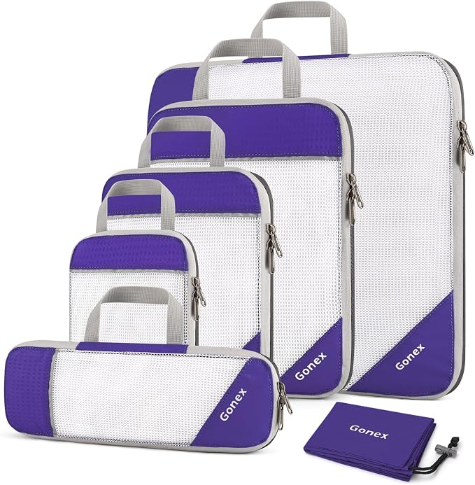 Gonex Compression Packing Cubes for Travel, Mesh Bags Luggage Organizers | Set of 4/5/6/7/10 for Essentials, Extensible, Fits 20"Carry-on Suitcases, See-through Mesh, Double Zipper Compression by Gonex