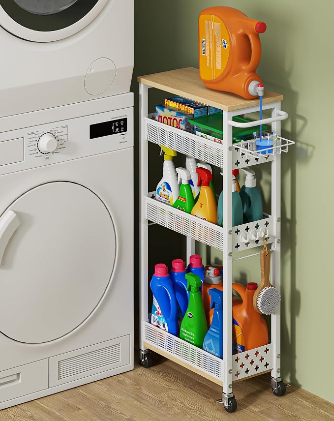 OKZEST Slim Laundry Room Organization Cart with Detergent Dispenser Holder | Holds tall bottles, Upgraded metal hub casters, 4-Tier space-saving narrow rolling cart, Premium wood & metal mesh shelves by OKZEST
