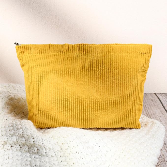 SOIDRAM 2 Pcs Corduroy Makeup Bag Large Cosmetic Bag Toiletry Bag Makeup Pouch Travel Bag Organizer Cute Makeup Brushes Aesthetic Accessories Storage Bag for Women Mustard Yellow - Image 6