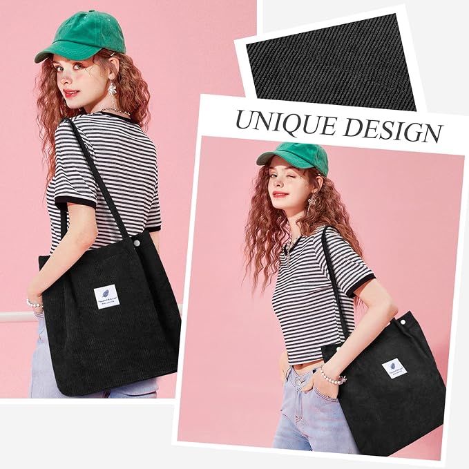 LHMTQVK Corduroy Tote Bags for Women, Large Capacity Tote Purse Reusable Grocery Shoulder Bag with Inner Pockets - Image 7