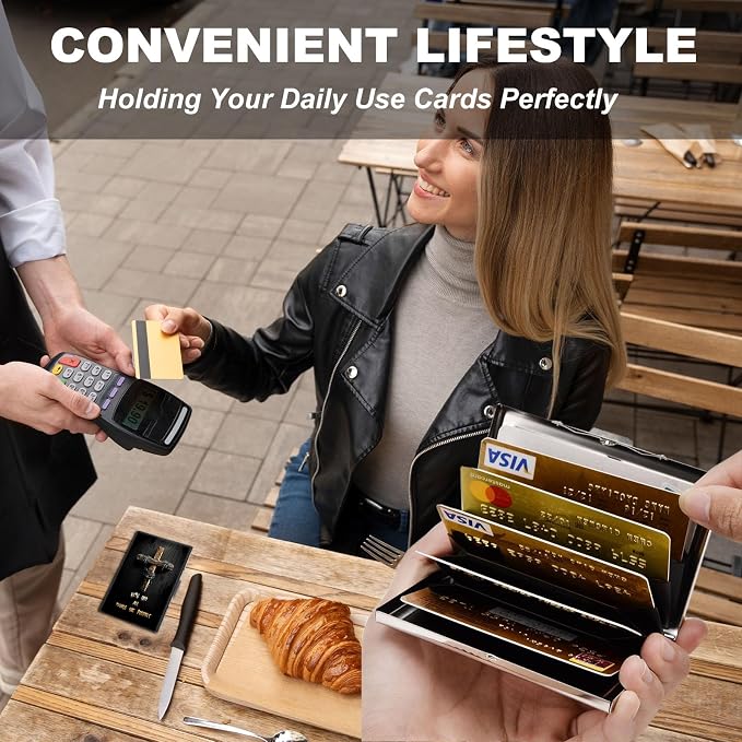 Metal Wallet,Credit Card Holder for Women,Slim RFID Blocking Credit Card Holder Thin Aluminum Wallet ID Case,6 Slot Business Mini Hard Metal Case for Women/Men,Retro Cross Black - Image 2