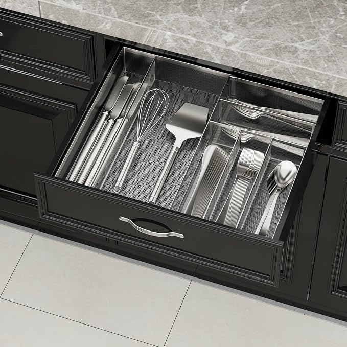 JANE EYRE Utensil Drawer Organizer - Expandable Cutlery Tray, Silverware/Flatware Storage Divider for Kitchen, Mesh Designing with Non-slip Rubber Feet (Silver) - Image 3