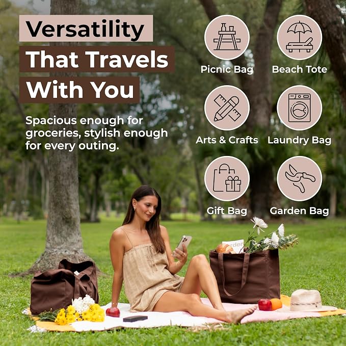 VeraMia Canvas Grocery Bag 3pc XL Set with Real Pockets, Long Shoulder Strap and Short Handle. Heavy Duty, Foldable, Washable - Image 5