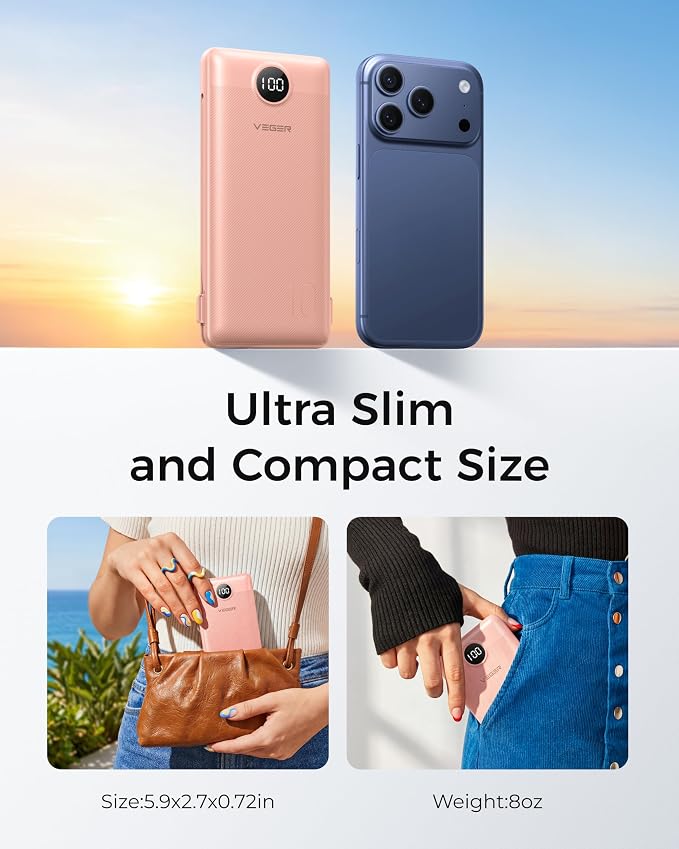 VEGER Portable Charger for iPhone, Power Bank Built in Cables and Wall Plug | 10000mAh,Ultra Slim&Compact,5 Outputs,LED Display,Power Bank for iPhone,Samsung,Travel Essentials for Camping Cruise Business - Image 7