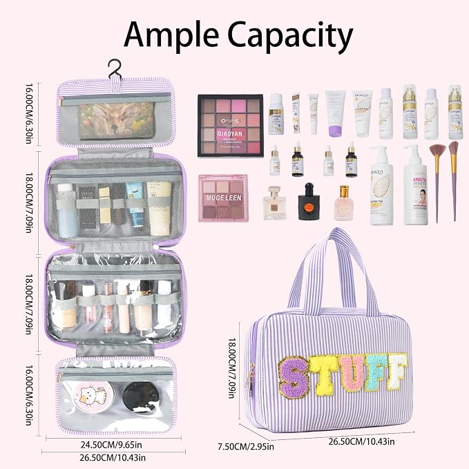 Hanging Toiletry Bag for Women Chenille Letter Travel Cosmetic Bag Fashion Stripes Water-resistant Makeup Bag for Store Toiletries Cosmetic Accessories Medium Purple - Image 4