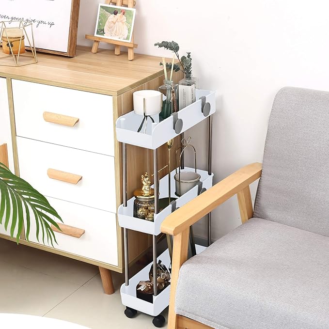 3-Tier Slim Mobile Shelving Unit on Wheels, Slide Out Rolling Bathroom Storage Organizer, Utility Carts Shelf Rack for Kitchen Bathroom Laundry Room Narrow Places, White - Image 2