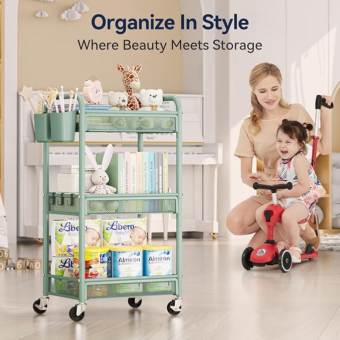 3 Tier Metal Rolling Cart, Green Utility Storage Cart with Wheels | Metal Mesh Craft Cart With Hooks & Hanging Cups, Ideal For Kitchen, Bathroom, Office, Dorm, Art Workspace, Bedside Storage - Image 7