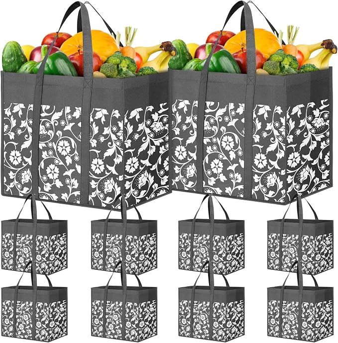Reusable Grocery Bags Foldable Tote Bags bulk Shopping Bags 10-Pack, Grey | Reinforced Handles Shopping Bags for Groceries Heavy Duty Kitchen Reusable Grocery Bags with Waterproof Coating by WOWBOX