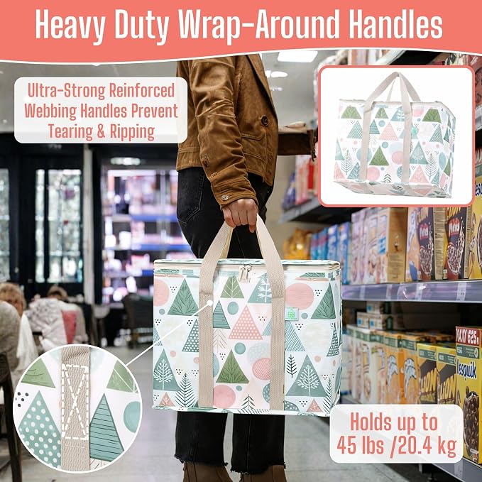 VENO 2 Pack Insulated Cooler Bag for Food Delivery, Reusable Grocery Bag | Heavy Duty Large Collapsible Cooler Shopping Tote w/ Zippers, Foldable, Stands Upright for Camping (Pastel Forest, 2 Pack) - Image 3