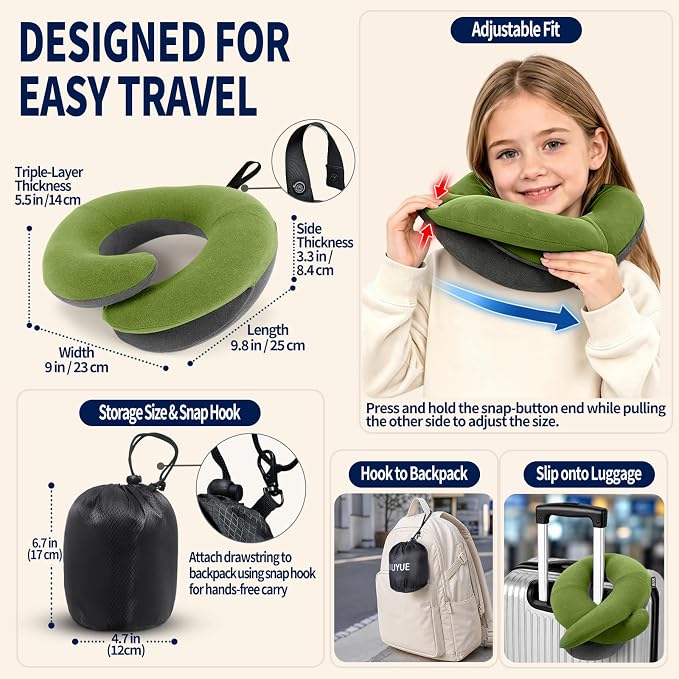 Kids Travel Pillows for Airplane, Memory Foam 360° Head Support Sleeping Essentials for Long Flight, Skin-Friendly Soft Neck Pillow for Traveling in Car Seat, (Small, Green Grey, 40-90 lbs) - Image 6