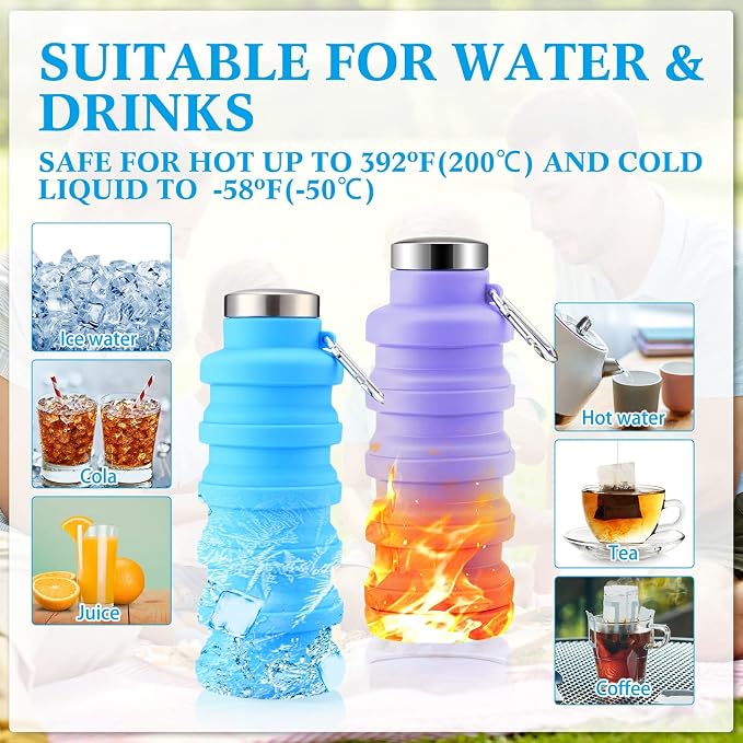 Lallisa 4 Pcs Collapsible Water Bottles 17 oz Reusable Silicone Foldable Travel Water Bottle Portable Leak Proof Sports Water Bottles for Gym Camping Hiking (Blue, Purple, Gray, Green) - Image 4