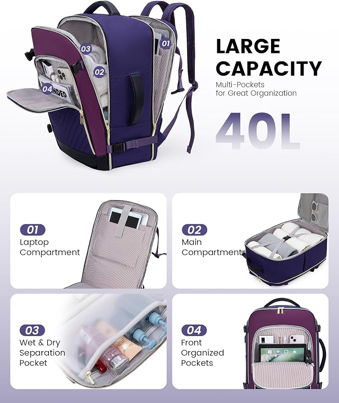 LOVEVOOK Large Travel Backpack for Women, TSA Carry on Backpack for Airplanes, 40L Personal Item Travel Bag for Women fits 17" Laptop,Waterproof Carry on Bag Airplane Approved with 3 Packing Cubes - Image 3