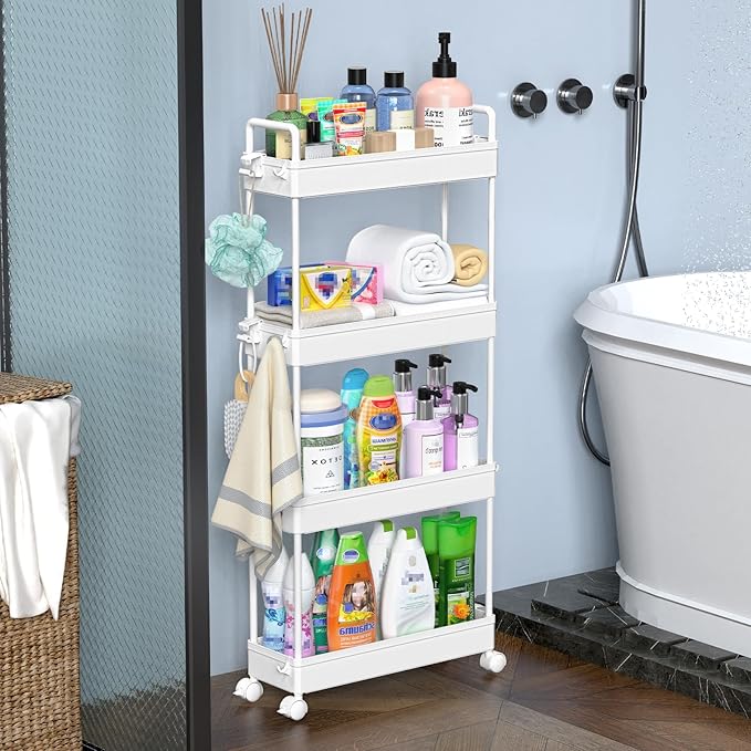 SOLEJAZZ Slim Rolling Storage Cart Skinny Bathroom Organizer, 4 Tier, White | Thin utility cart with wheels for bathroom, laundry room, bedside, kitchen, dorm, office, next to fridge, small narrow places - Image 7