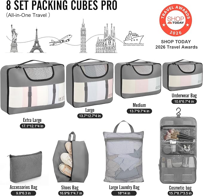 Veken 8 Set Packing Cubes for Travel Essentials,Anti-Wrinkle Buckled Suitcase Organizer for Shoe & Toiletry Bag,Carry On Luggage Bag with 99+ Count Mesh Holes for Airplane & College Dorm Accessories - Image 2