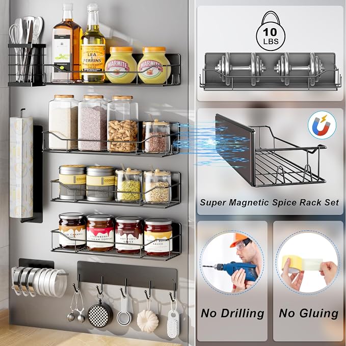 Magnetic Spice Rack for Refrigerator,8 Pack Magnetic Fridge Shelf, Moveable Spice Organizer with Hook Rack, Paper Towel Holder, Utensil Holder,cup lid holder, Super Magnetic Rack Set (Black) - Image 3