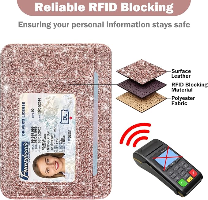 HOTCOOL Card Holder Wallet Front Pocket Minimalist Travel Cute Funny Thin Leather With RFID Blocking Small Credit Card Holder Wallet for Men & Women Girls Organizer Gifts, Glitter Rose - Image 5