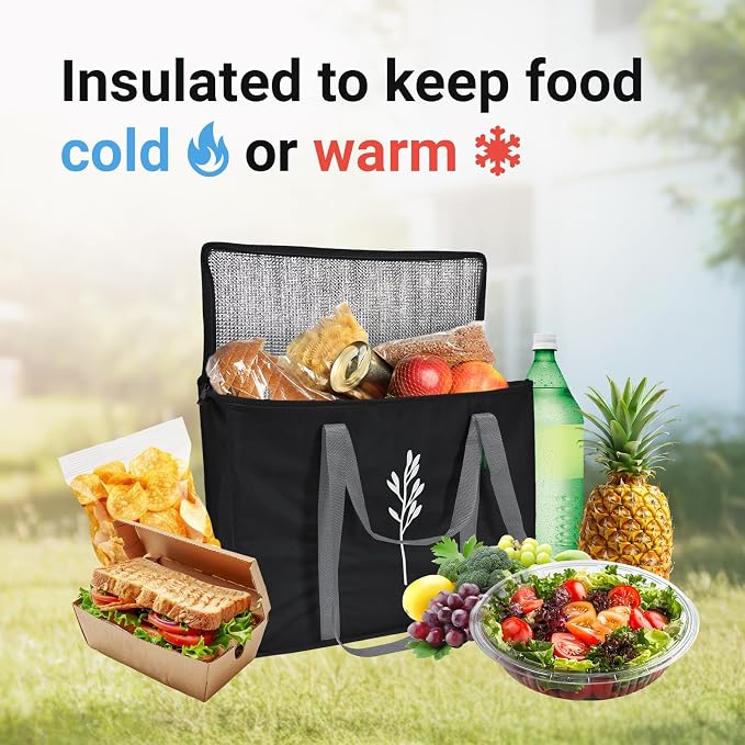 Green Bulldog 2Pack Insulated Grocery Bags – Foldable Reusable Cooler Bags with Handles for Everyday Use, Groceries, Food Delivery, and Shopping – 16”x9”x13”, Black - Image 2