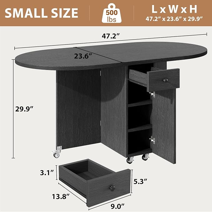 Jocoevol Round Folding Dining Table for 4, Space Saving Drop Leaf Kitchen Table with Storage Drawer, 6 Wheels Oval Gateleg Foldable Dining Table for Small Spaces(Black 47 * 23.6 * 30) - Image 2