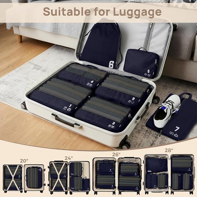 7 Set Compression Packing Cubes for Travel, Luggage Organizer Bags for Suitcases with Mesh Panels, Shoe Bag & Toiletry Bag for Carry On, Vacation & Cruise Essentials (Navy Blue) - Image 4